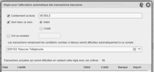 Fenêtre de saisie d'une règle
