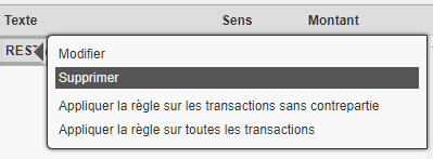 Mini-menu permettant la suppression d'une règle
